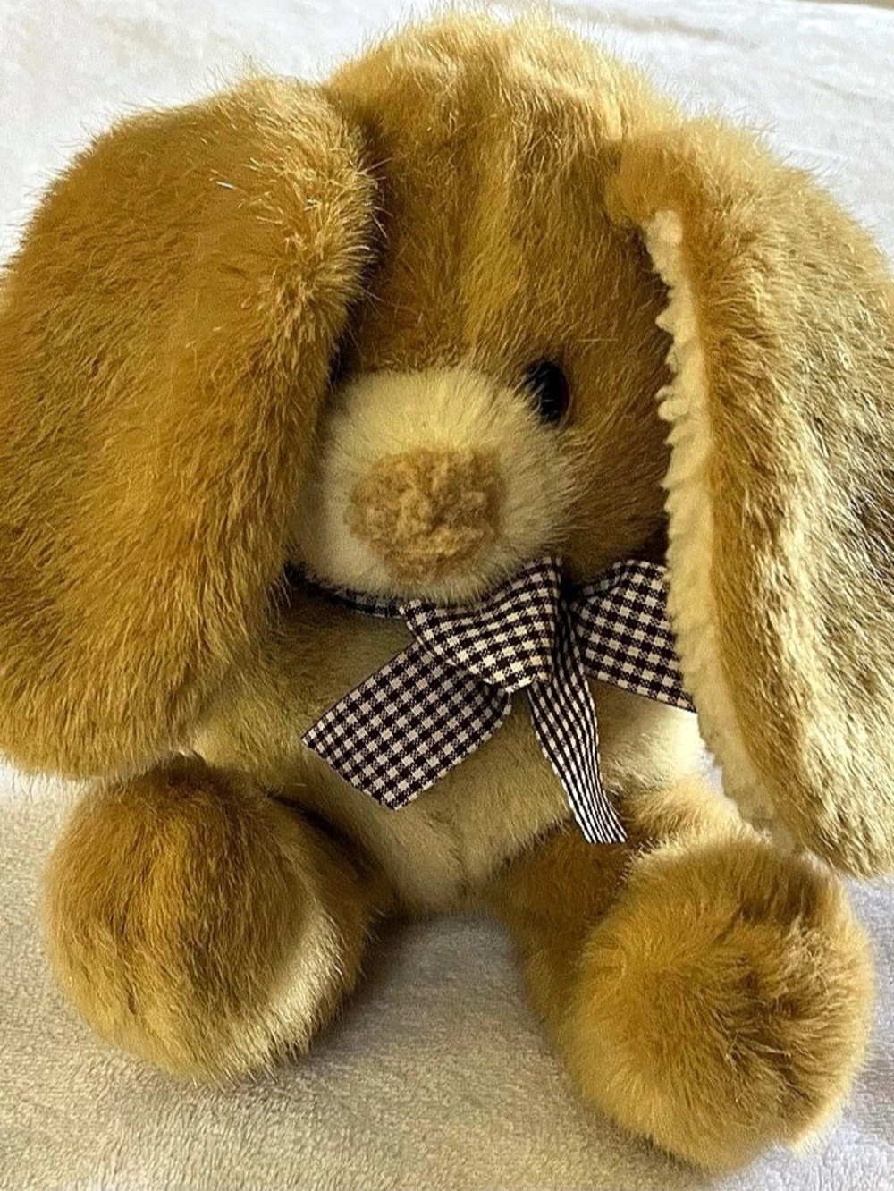 Vintage Dakin Tan Floppy Easter Bunny Plaid Bow Brown Eyes Plush Stuffed Animal